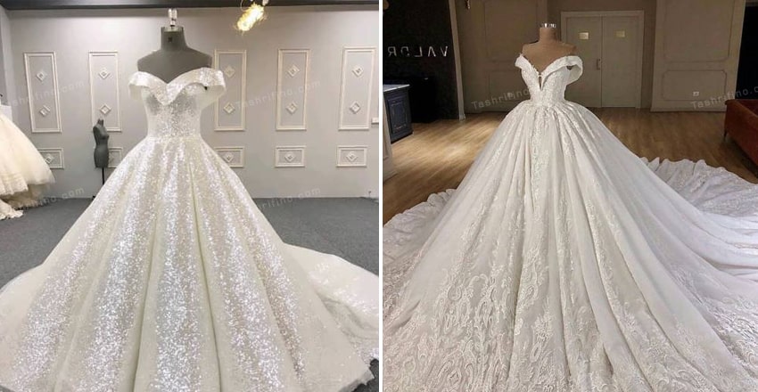 انواع لباس عروس یقه دلبری پفی و پرنسسی جدید 2023